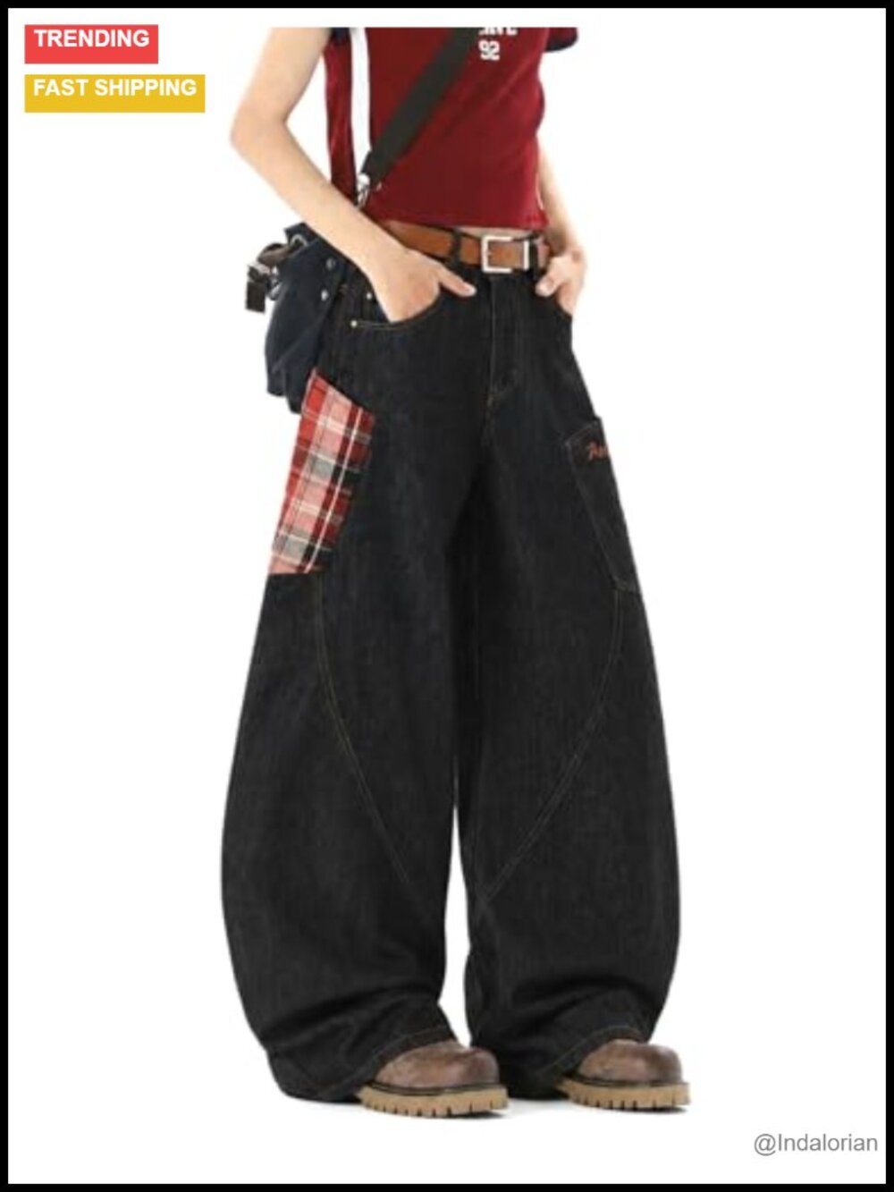 Baggy Barrel Jeans Plaid Pocket Wide Leg Denim Pants Unisex Streetwear